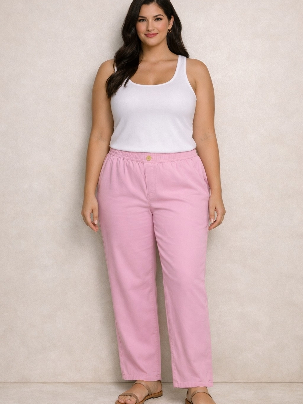 D&Co Plus Size 1X Pastel Pink Casual Pants High Stretch & Soft Fabric Women's